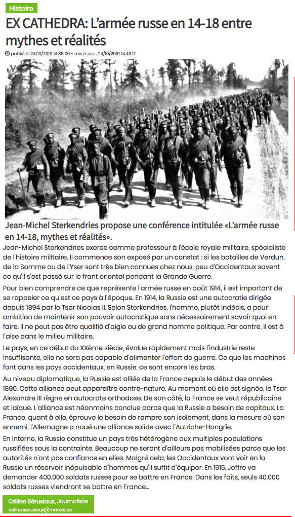 Page Internet. ex cathedra. L|armée russe en 14-18 entre mythes et réalités.. Conférence de Jean-Michel Sterkendries, 2019-10-24
